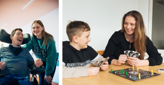 zwei Bilder: Betreuerin mit jungem Mann im Rollstuhl, Betreuerin mit Jugendlichem beim Brettspiel
