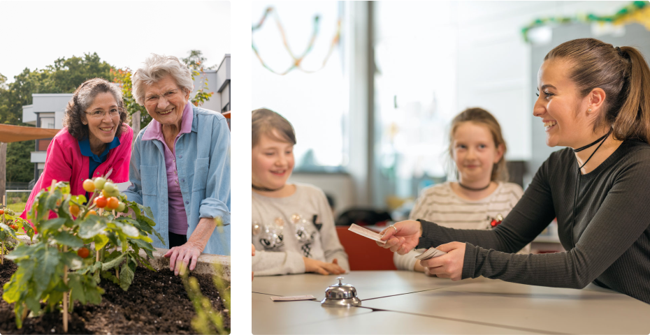 ältere DAme mit Betreuungsperson am Hochbeet und Erzieherin mit zwei Kindern am Tisch beim Spielen